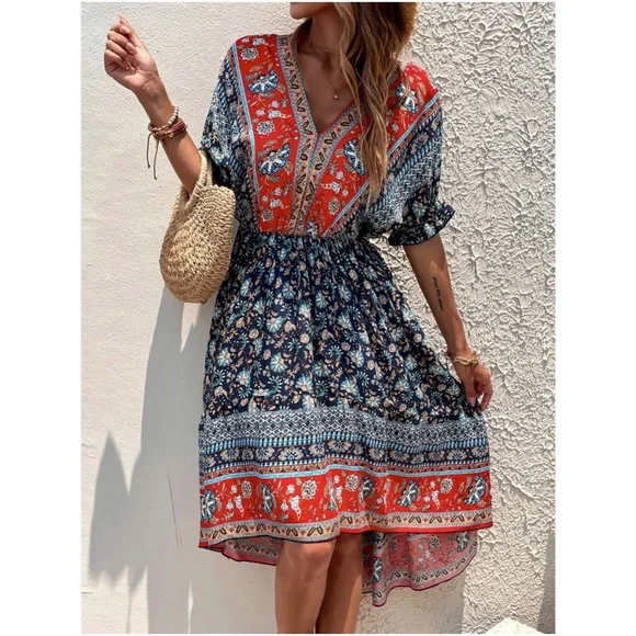 Boho Floral Paisley Print High Low Midi Dress - Picture 5 of 5